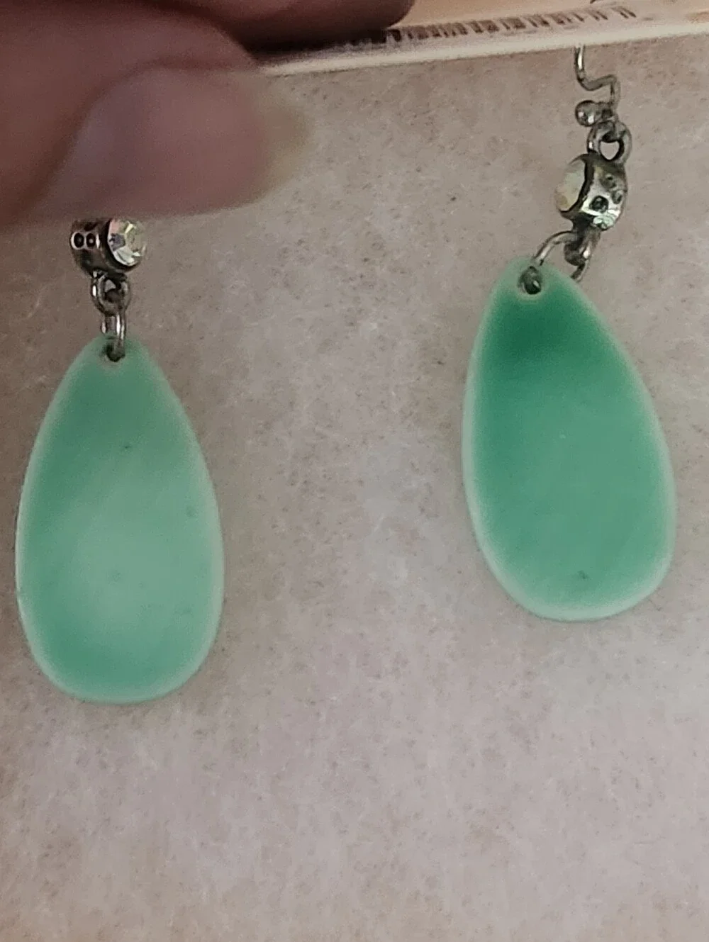 Miriam Haskell Green Teardrop Dangle Earrings with Clear Crystal